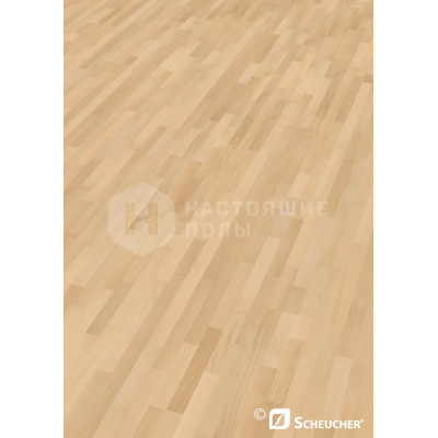 Паркетная доска Scheucher Parkett Woodflor 182 3-stripe Бук Селект пропаренный полуматовый лак трехполосный, 2200*182*14 мм